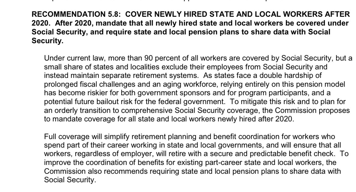 (I do want to highlight this bit because I like it - put state and local workers back in Social Security! Stop making local government cover their full retirements!)