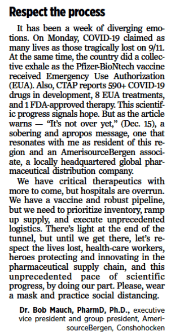 bobmauch's tweet photo. .@PhillyInquirer shared an important message that even with the #COVID19 vaccines, “It’s Not Over Yet.” As my Letter in Sunday’s paper points out, we must respect the healthcare heroes and scientific progress by staying safe and slowing the spread of this virus. https://t.co/oBVRO1BkPX