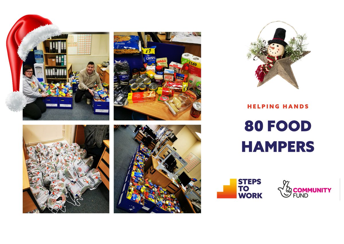 StepsToWork's tweet photo. Showcasing festive spirit, staff at @StepsToWork &amp; @sprwalsall have volunteered their time - some whilst on leave - to make food hampers that'll go to local households in need. In the last 2 weeks, we've helped 80 households have a better Christmas!

#STW2020 #NationalLottery https://t.co/Q0kV0d3kKZ