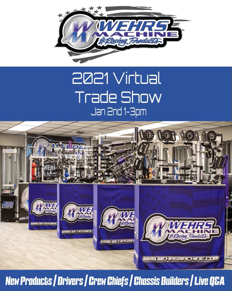 Join us Live January 2nd 1-3pm for our Virtual Trade Show! Featuring Live Q+A about 2021 products with drivers, crew chiefs, car builders and the WM Staff that delivers the products to you. 
#wehrsmachine #billettrickery #dirtracing #madeinusa #winningwithsupport