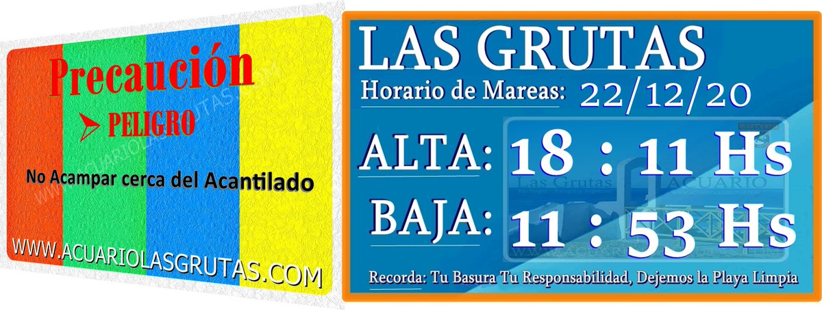 LAS GRUTAS
Horario de Mareas 
del día 22/12/20
-Recuerde No Acampar cerca del Acantilado 
Peligro de Derrumbes 
- Camine con precaución
 sobre la restinga - resbaladiza- 
#LASGRUTAS #Mareas #Restinga #Acantilado 
facebook.com/lasgrutasacuar…