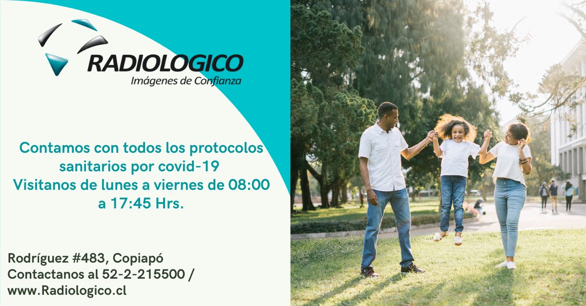 Estamos Atendiendo bajo las estrictas medidas preventivas ante la enfermedad COVID-19 .

De Lunes a Viernes en horario de 08:00 a 17:45 hrs

Ademas se puede solicitar traslado gratuito ida y vuelta 

reservas al teléfono 52-2 215500 o en radiologico.cl