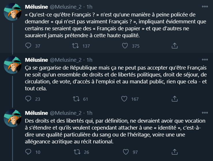 LaBar0nn3's tweet photo. "Etre français c'est juste administratif mais être algérien c'est le sang et les racines". Extreme gauche anti france ici, extreme droite nationaliste avec le pays d'origine. Un classique chez les identitaires intersectionnels anti républicains de gauche radicale @Melusine_2 https://t.co/5m13cDyNlm
