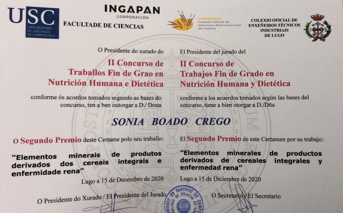 CatedraDoPan's tweet photo. Noraboa a @SoniaBoado polo #2premio que outorga @Ingapan_oficial polo seu #TFG que desenvolveu na @CatedraDoPan sobre o contido en #minerais do #pan e a #EnfermedadeRenal https://t.co/cbe6gScged
