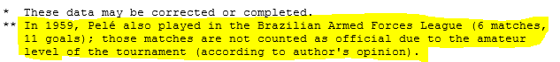 Pour ce qui est de Pelé c'est pareil, des matchs avec des équipes militaires du Brésil sont comptés.D'ailleurs, les auteurs de ces stats ne comptabilisent pas certains matchs avec le Brésil militaire dû au niveau AMATEUR du tournoi.C'est uniquement selon leur vision, du coup.