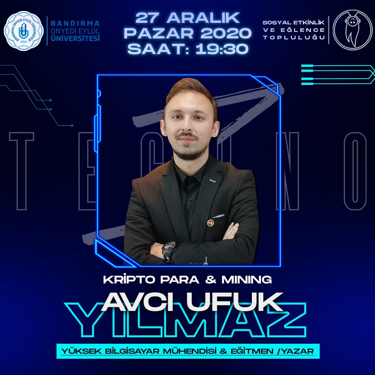 banuset's tweet photo. Avcı Ufuk Yılmaz, Techno Z etkinliği kapsamında bizlerle 💥
Kripto Para ve Mınıng, konu başlıklı sohbet havasında söyleyişimizi sakın kaçırma 🔥
@bandirmauni @avciufukyilmaz #technoZ https://t.co/g623MB0Qr5