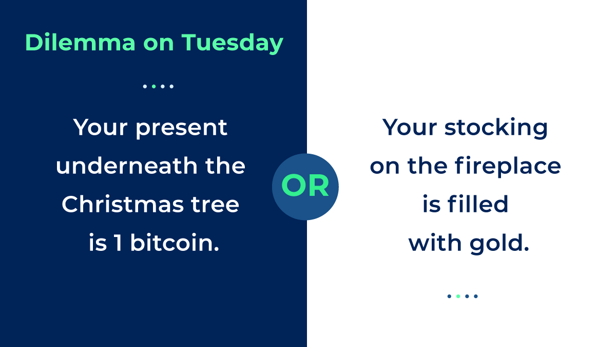 coinranking's tweet photo. Dilemma on Tuesday! 🎅
🎄 =  Your present underneath the Christmas tree is 1 #bitcoin.
🧦 = Your stocking on the fireplace is filled with #gold.

Choose!

#dilemmaontuesday #crypto #dilemma #cryptocurrency #DeFi #btc https://t.co/ppCjcrsha9