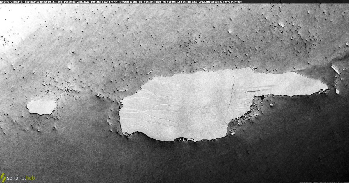 Satellite image of Iceberg A-68A (now 134 kilometers in length) and A-68D (about 19 kilometers) near South Georgia Island. Copernicus/Pierre Markuse