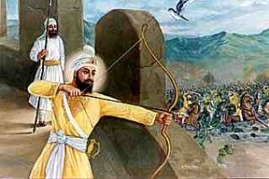 Guru Sahib fired volleys of arrows in the area around the Sahibzada's unit giving 'protection fire' to the Sikh soldiers. Baba ji and the 5 Singhs demonstrated the Sikh concept of one equalling the bravery and courage of "Sava Lakh" (125,000) humans.