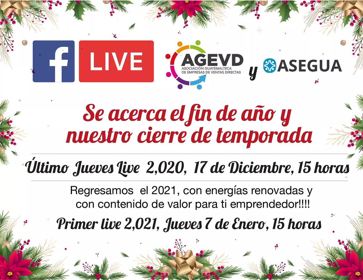 Gracias a todos por ser parte de cada una de nuestras actividades este año lo hemos finalizado con esfuerzo y venciendo grandes obstáculos. 

Nos vemos el próximo año con los lives del jueves con @agevd_guatemala #Emprendegt 💫💯