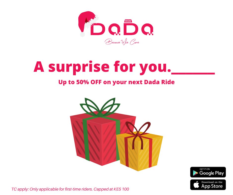 DadaRide's tweet photo. 🎁Your gift from Dada Ride awaits 🚗. Download and enjoy 50% off your first ride. TCs* apply! #dadaride #ridesafenairobi #festiveseason https://t.co/oGaQp36KVe