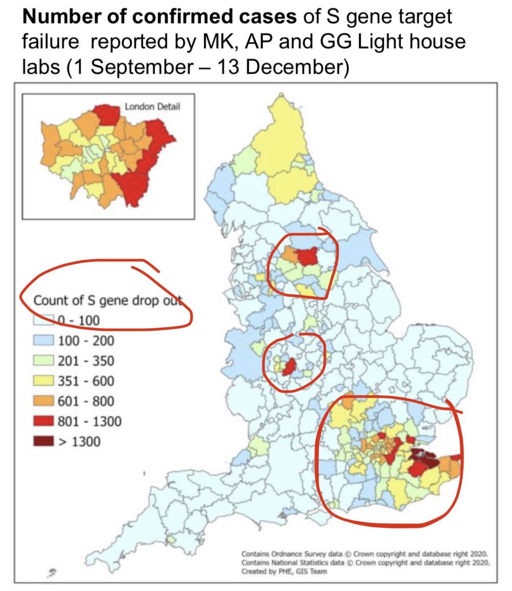 Breaking—UK  VARIANT MAPPED:We have now a detailed map of the likely spread of the VUI-202012/01  #SARSCoV2 variant among *63,000 positive  #COVID19 cases throughout England*!All thanks to a brilliant stroke of luck—allowing a *shortcut PCR test* instead of full test.