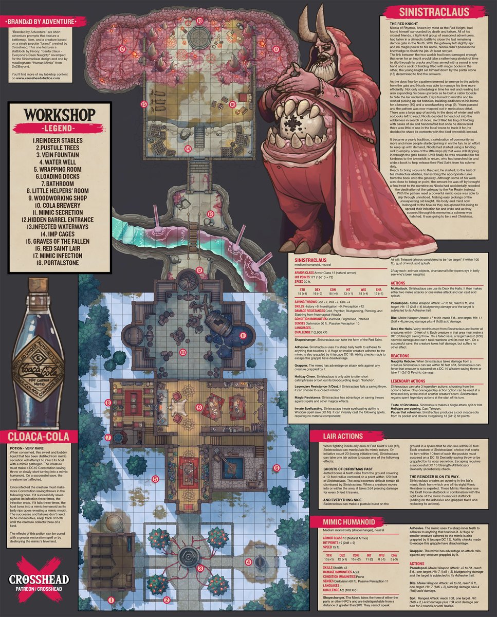 CrossheadStudio's tweet photo. Made a Holiday Adventure prompt featuring some revamped homebrew monsters from @DnDbeyond, a magic item, some back story, and a big ole battlemap. All of it sponsored by Cloaca-Cola from the Cloaca-Colaco! #DeliciouslyInfectious
#dnd #tabletop #holidays https://t.co/Aqsdb2T5tS