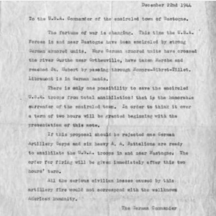 The message was first phoned in to Battalion CP, then Regimental HQ, then to Division HQ, and then collected by Regimental Operations Officer Major Alvin Jones. It was brought to the Division HQ & shown to Brig. Gen Anthony McAuliffe, acting commander of the 101st Airborne. 4/