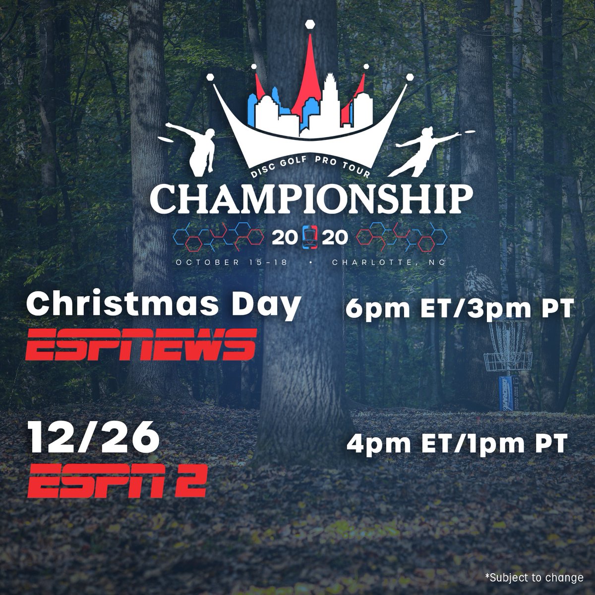 DiscGolfProTour's tweet photo. Championship nerves are back. 

The Disc Golf Pro Tour will be back on ESPN on Christmas and the day after Christmas.

Christmas Day - 6pm ET/3pm PT
12/26 - 4pm ET/1pm PT

#discgolfprotour
#discgolfnetwork https://t.co/pH11a2zfMp