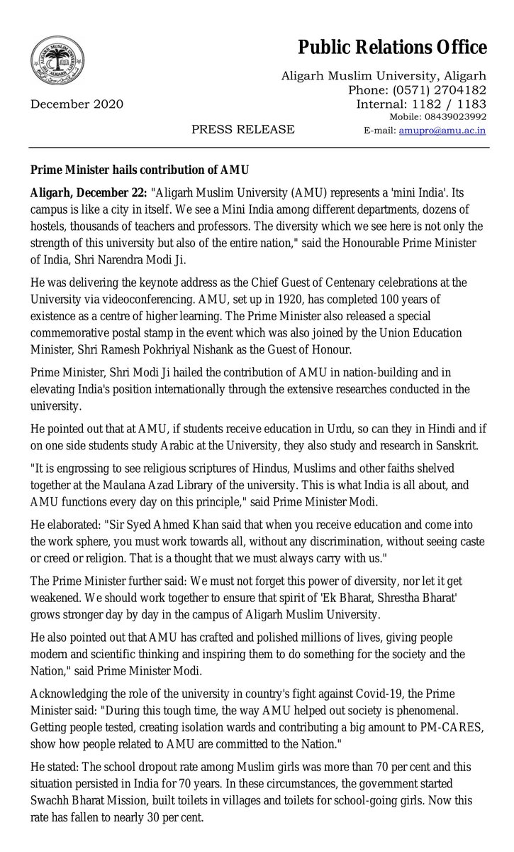 AMUofficialPRO's tweet photo. Prime Minister hails contribution of AMU #CentenaryCelebration @narendramodi @DrRPNishank @drharshvardhan @SanjayDhotreMP @PIB_India @DG_PIB @PIBHRD @ProfTariqManso1 @EduMinOfIndia @ugc_india @AwasthiAwanishK @mygovindia @rashtrapatibhvn @AmuPortal @AMUJournal @QatarAmu @AMUAACA https://t.co/PI2VsF3Reb