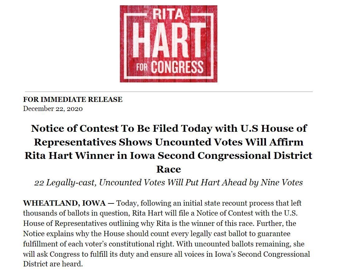RitaHartIA's tweet photo. Today, I am officially asking the House to ensure every Iowan's voice is heard in #IA02.  

22 ballots remain uncounted from Election Night &amp; thousands of others that were never examined. We've got to count the votes &amp; get this right. https://t.co/hWTsUDHkhy