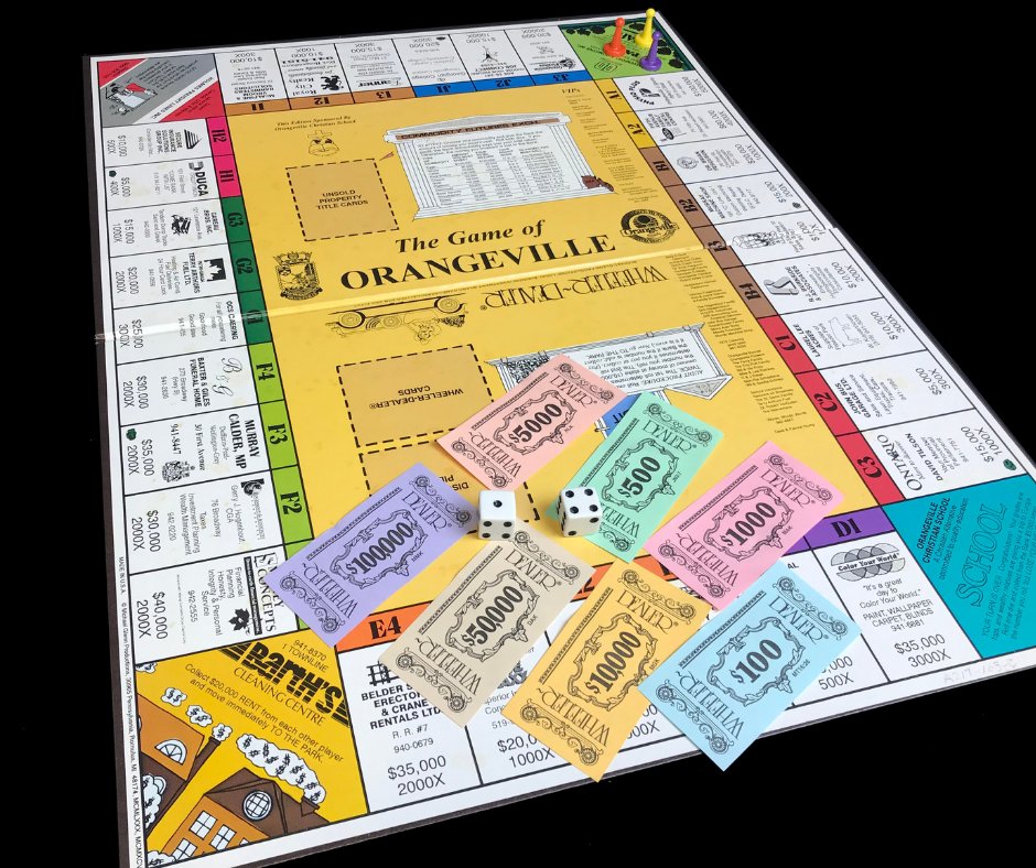 MuseumDufferin's tweet photo. Does your family have any board games you normally play around the holidays? This board game, “Wheeler Dealer" is similar to Monopoly but was personalized for the Town of Orangeville in 1997. It features local businesses as the properties for sale. #wearedufferin https://t.co/0TDXBe258j