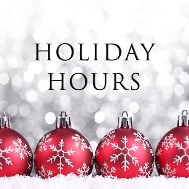 Wishing you a safe and happy holidays. Please note that we will be closed on: 
Christmas Eve - Thursday, Dec. 24th
Christmas Day - Friday, Dec. 25th
New Year’s Day - Friday, Jan. 1st
We will be in the office Monday Dec 28 - Thursday Dec 31st.