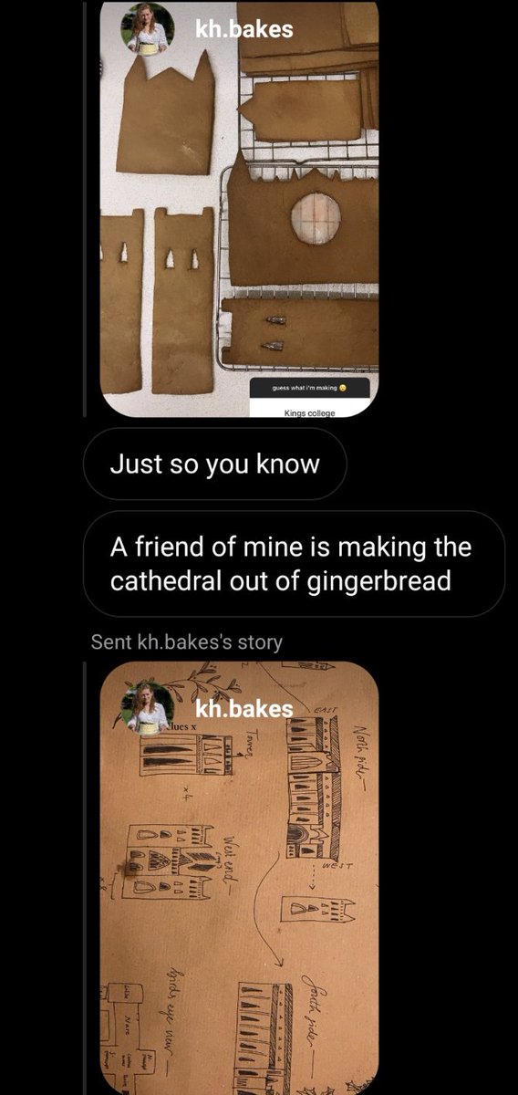I have just been notified that some absolute LEGEND on Instagram is making Durham Cathedral out of gingerbread and I am GENUINELY on the edge of my seat refreshing their story in search of updates - join me in refreshing:  https://instagram.com/kh.bakes?igshid=h1fcdqp65w63