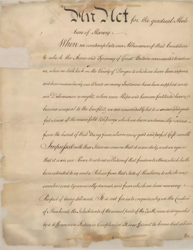 Anti-slavery tradition led to 1780 gradual abolition law and later abolitionists, including Thaddeus Stevens.