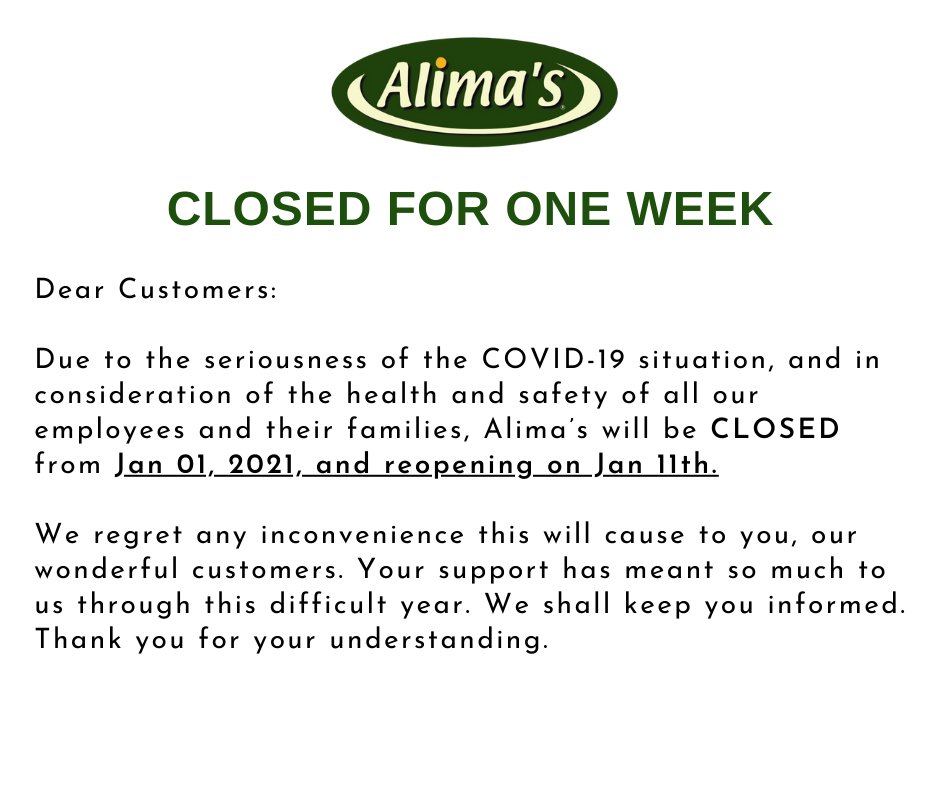 AlimasRoti's tweet photo. Due to the surge of COVID-19, we will be CLOSED from January 1st to 11th, 2021.

Our scheduled home delivery service remains open to serve you, please visit https://t.co/7la8EtKrvd to place your orders. https://t.co/RB9JbKZIQa
