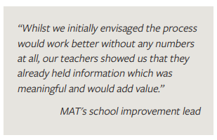 This still leaves space for teachers to capture and analyse meaningful quantitative data, but only where they find it helpful. This shows the Trust has been listening to what teachers find works for them.