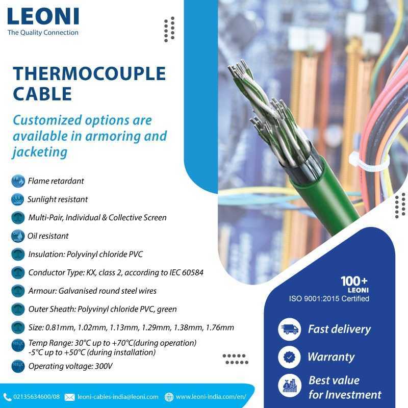 Leoni_Cables's tweet photo. Leoni's ICON #Thermocouple extension & compensating #cables consist of conductors grouped in pairs and are based on thermocouple type KX according to IEC 60584.
To know more reach us at https://t.co/OmjuB875Gr
...
#Thermocouplecables #Wires #instrumentationcable #communications https://t.co/zhgt5RLxPD
