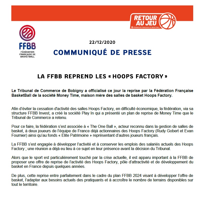 ffbasketball's tweet photo. 🖊️ Le Tribunal de Commerce de Bobigny a officialisé ce jour la reprise par la FFBB de la société Money Time, maison mère des salles de basket Hoops Factory. https://t.co/EmcZ0DZkPM