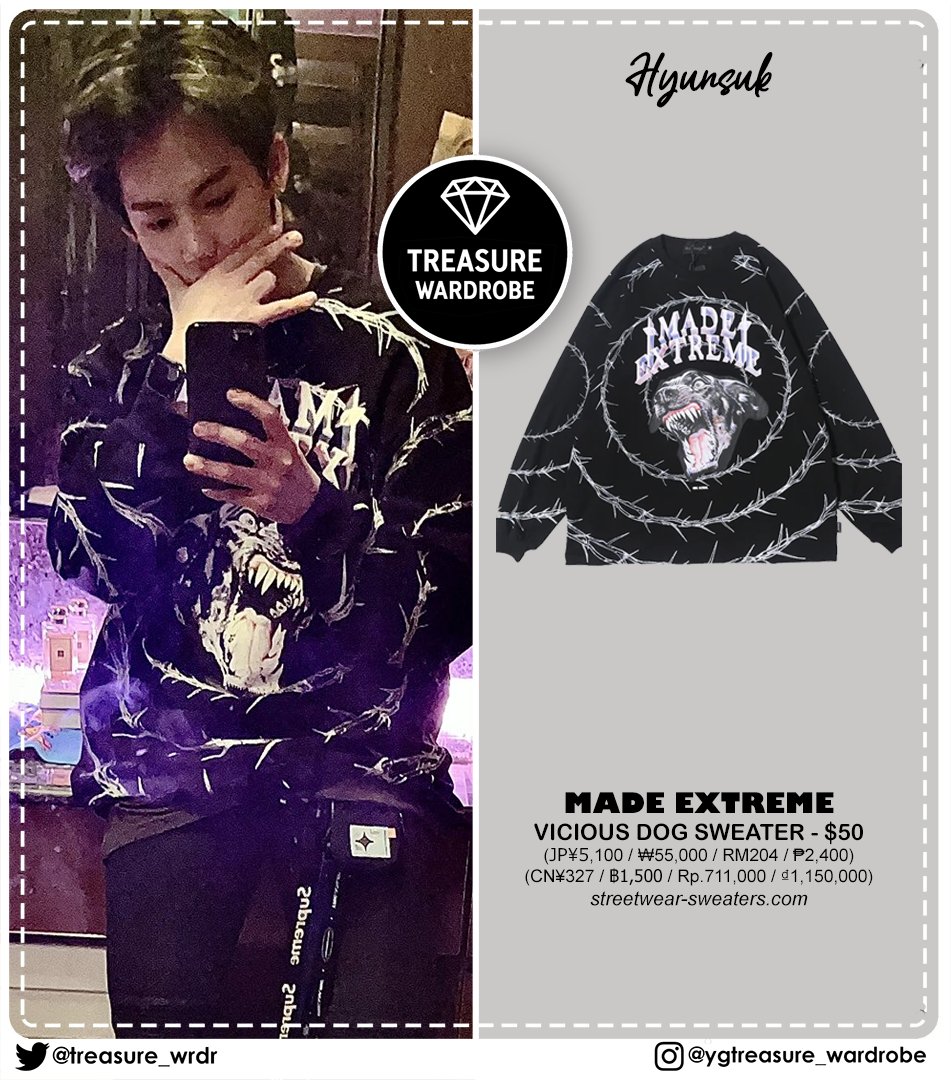TREASURE_WRDR's tweet photo. #HYUNSUK wearing
#MADEEXTREME: VICIOUS DOG SWEATER - $50
#NIKE: AJ1 Court purple - $440 (retail price $170)
@treasuremembers
#TREASURE #TREASUREWARDROBE #HYUNSUKFASHION #트레저 #トレジャー #최현석 #CHOIHYUNSUK https://t.co/Coj0Un7fmg
