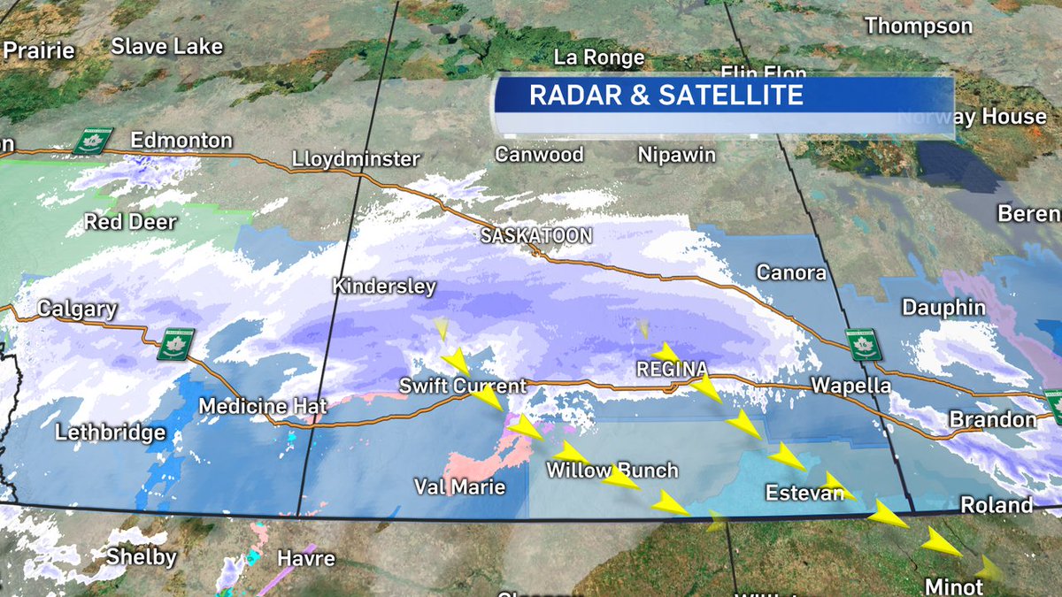 WarrenDean26's tweet photo. SNOW UPDATE

System pushed a little north overnight but will slowly slide SE through the day and into this evening. Wind will gust 50-60 km/h. 
Winter Storm Warning in effect as is the Snowfall Warning.

#skwx #skstorm https://t.co/R7sV7HSSzV