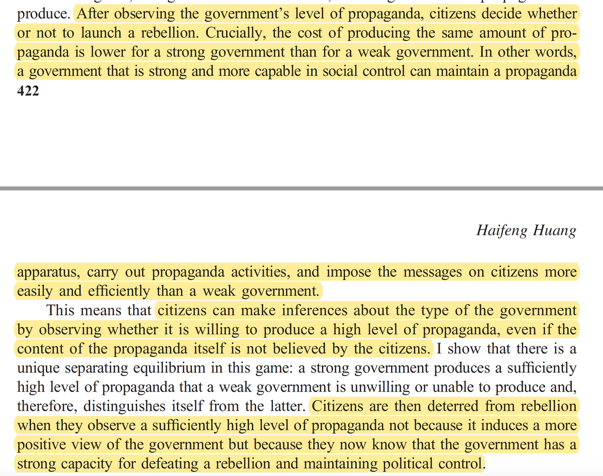 As Huang puts it, “citizens can make inferences about the type of government by observing whether it is willing to produce a high level of propaganda, even if the propaganda itself is not believed by citizens.”  https://www.jstor.org/stable/43664158#metadata_info_tab_contents