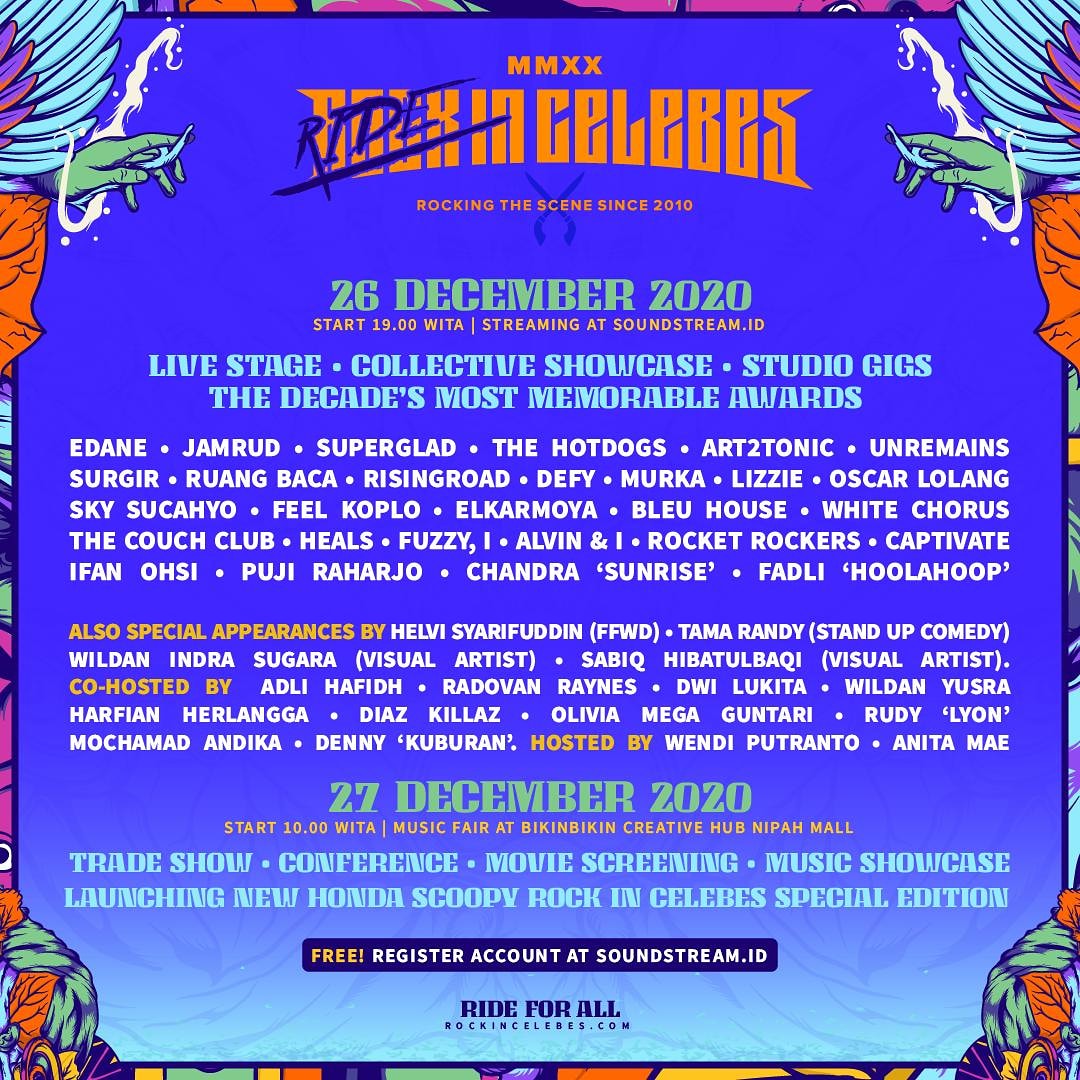 Semua pertunjukan #rockincelebes kali ini bisa dinikmati tanpa tiket, atau gratis, dengan melakukan register akun melalui situs web soundstream.id. 

Ikuti perkembangan informasi dengan mengunjungi situs web rockincelebes.com.