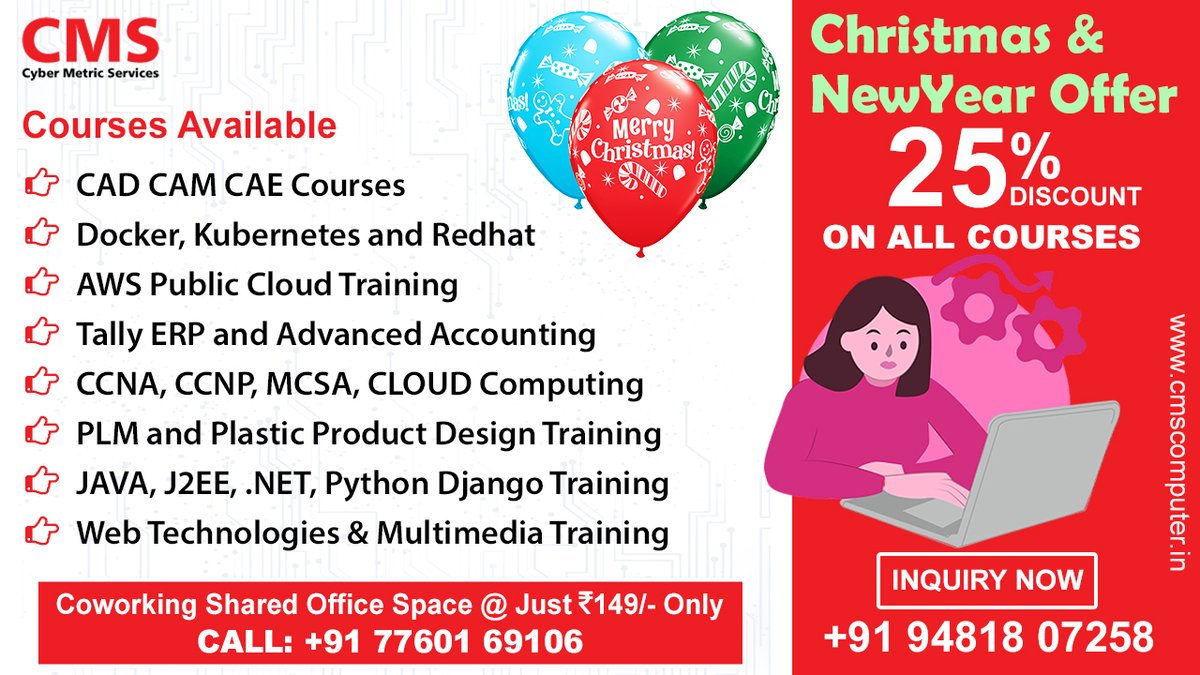 Java_trainings's tweet image. Amazing Christmas &amp;amp; New Year Offers for IT Training and Software Courses (Online &amp;amp; Classroom).
Get 25% discount on all courses. Join with your friends to avail extra offers.
Please call +91 9481807258 or visit cmscomputer.in/enquiry.html soon to grab the offers!!