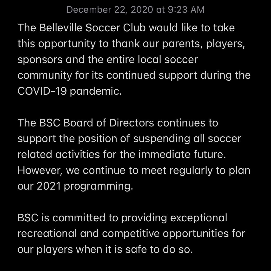 BellevilleSC's tweet photo. The Belleville Soccer Club would like to take this opportunity to thank our parents, players, sponsors and the entire local soccer community for its continued support during the COVID-19 pandemic. 
*see full message by clicking on image* https://t.co/sZ6ArZdNvF
