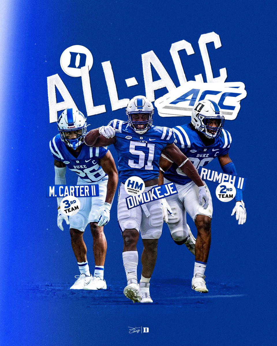 DukeFOOTBALL's tweet photo. 𝘼𝙡𝙡-𝘼𝘾𝘾 𝙎𝙩𝙖𝙩𝙪𝙨 😈

Congrats to our guys @ChrisR_II, @mcarter2nd &amp; @Vicdimukeje 🙌

#DukeGang | #GoDuke https://t.co/n0FItXZVdJ