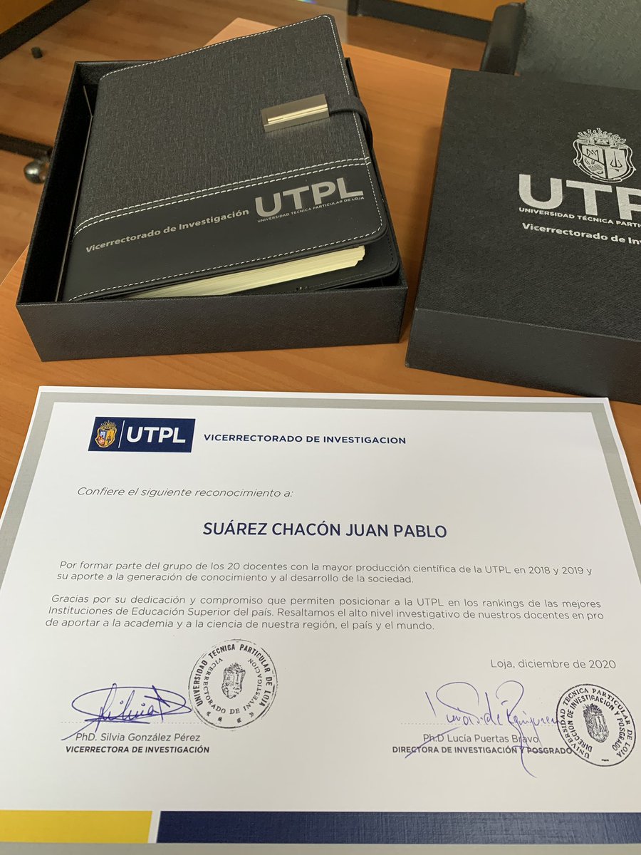 JP_SuarezChacon's tweet photo. Gracias @InvestigaUtpl por este reconocimiento a mi producción científica durante los años 2018 y 2019. Agradezco al grupo de investigación #MS2E https://t.co/FIoiYo9CaU y a mi familia por su continuo apoyo. https://t.co/oCRGVmbjN3
