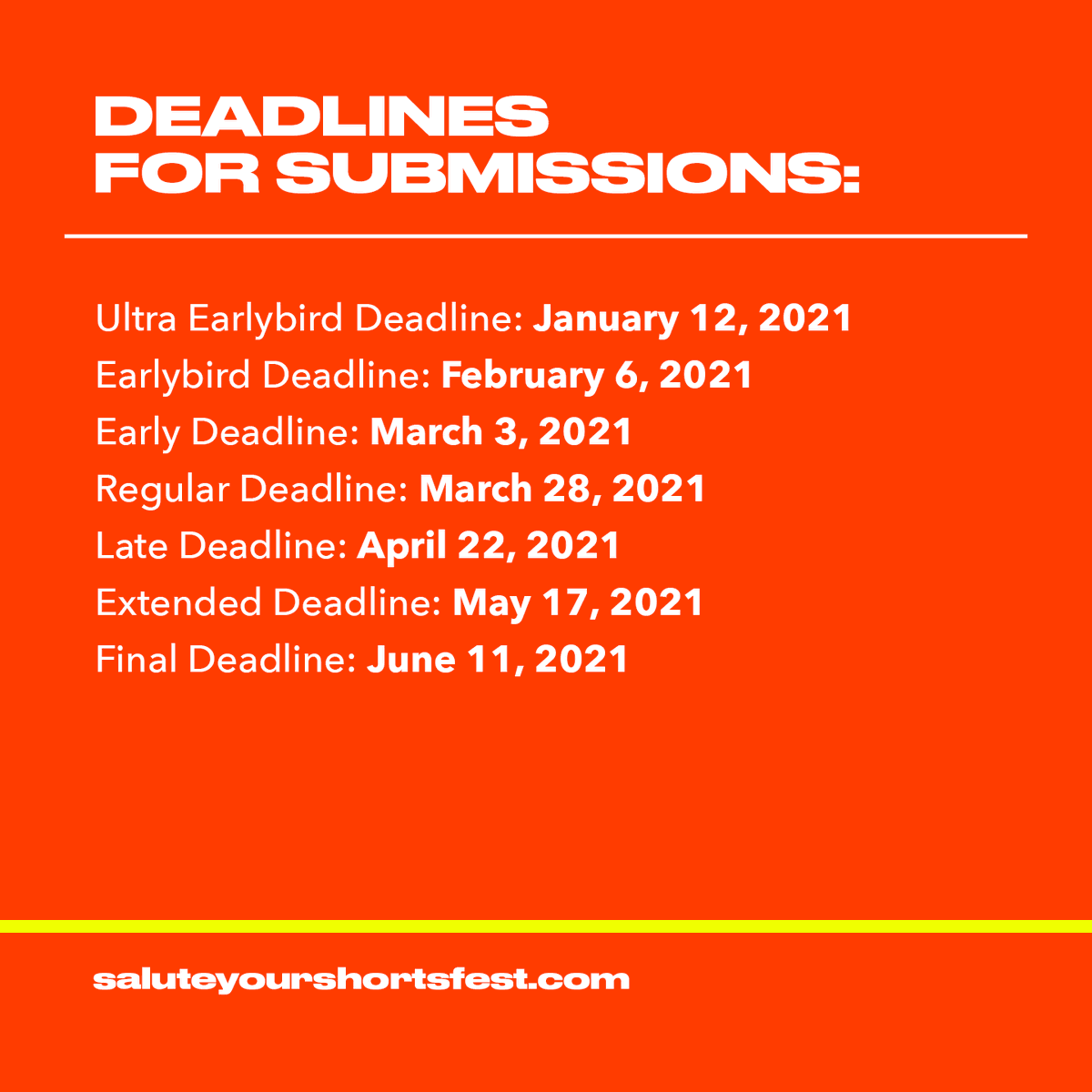 salute_shorts's tweet photo. Submissions for #SYSFF21 now open!
📌Here's what you need to know...
Submit your work today on FilmFreeway: https://t.co/JBnNPzRjst
#shortfilm #films #movies #filmfreeway #filmfreewaygold #director #producer #writer #cinematographer #productiondesign #actor #womeninfilm https://t.co/8nBgBrsIQC