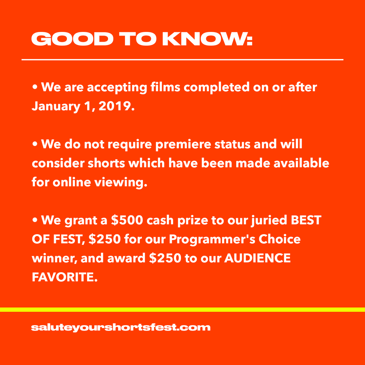 salute_shorts's tweet photo. Submissions for #SYSFF21 now open!
📌Here's what you need to know...
Submit your work today on FilmFreeway: https://t.co/JBnNPzRjst
#shortfilm #films #movies #filmfreeway #filmfreewaygold #director #producer #writer #cinematographer #productiondesign #actor #womeninfilm https://t.co/8nBgBrsIQC