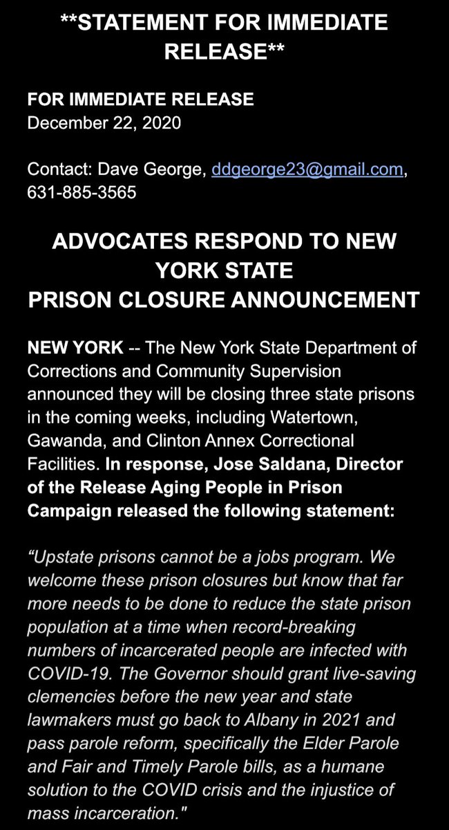 BREAKING: The NY State prison system is closing three prisons. A statement from our Director <a href="/hamzasaldana614/">Jose Saldana</a>:

“Prisons cannot be a jobs program. We welcome these prison closures but know that far more needs to be done to reduce the state prison population...” #ParoleJusticeNY