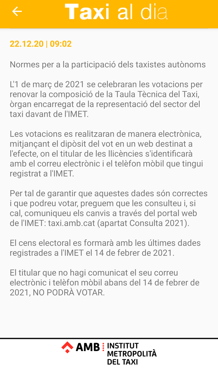 sindicatdeltaxi's tweet photo. #INFOSTAC CONSULTA TAULA TÈCNICA 1 DE MARÇ @AMBtaxi
Consulteu les vostres dades ABANS DEL 14 FEBRER per poder exercir el vostre dret a vot a l'enllaç següent: https://t.co/AJ02KeCI2A https://t.co/I4BmYkPwkf