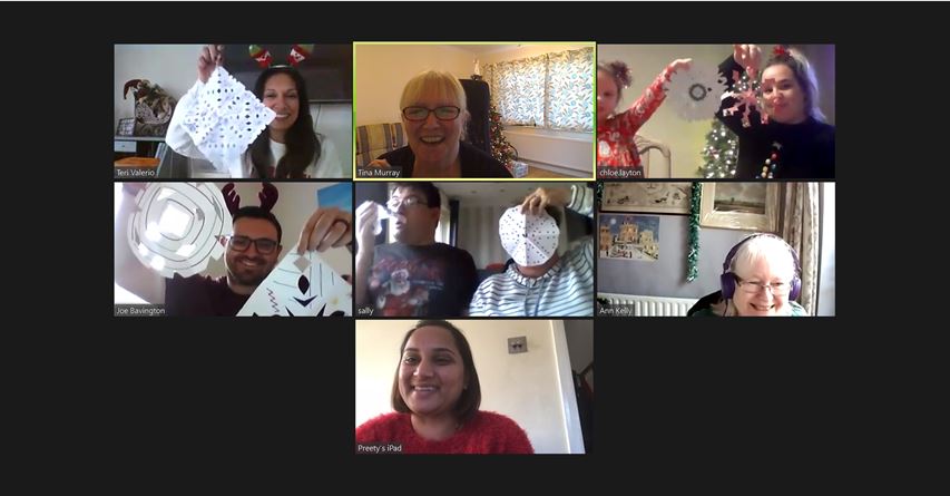SharedLivesCB's tweet photo. A bit different to our celebrations last year, but our Christmas Zoom was great fun! Making snowflakes and a music quiz kicked off the festive feelings last week. Merry Christmas to everyone involved with our scheme and others up and down the country! https://t.co/AbOlbORu3B
