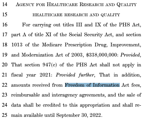 The bill has a provision that does something with  #FOIA fees collected by the Agency for Healthcare Research and Quality (seems like carrying out the requirements of various other acts?)
