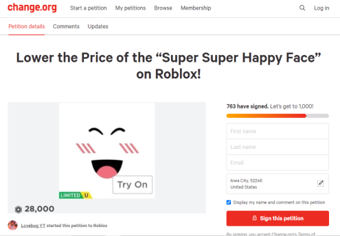 Petition · Lower the Price of the “Super Super Happy Face” on Roblox! ·