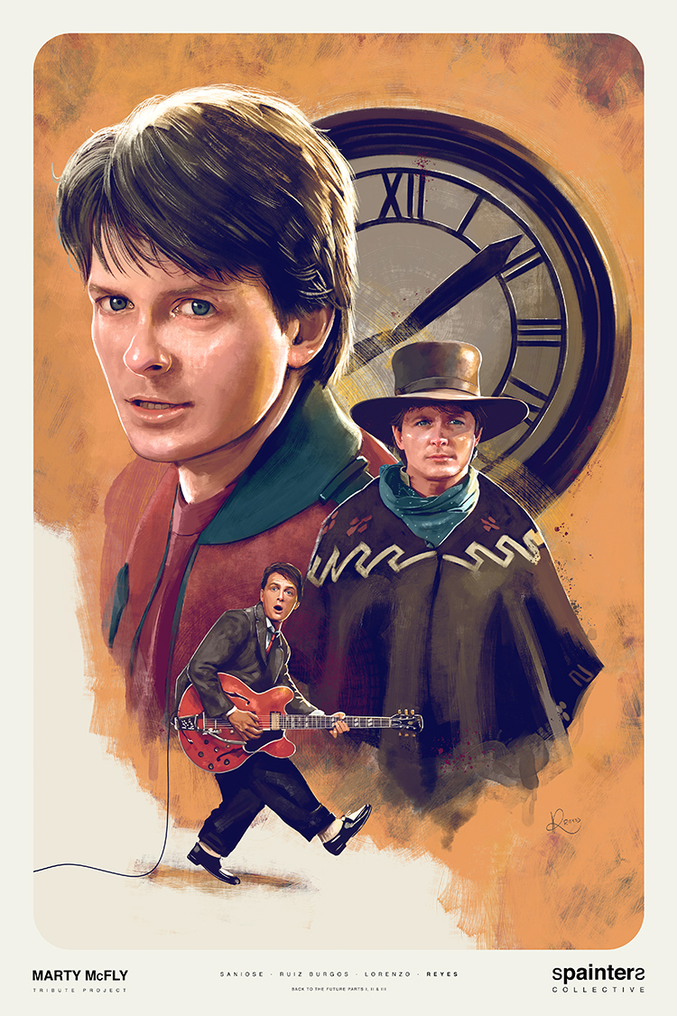 Here is our McFLY TRIBUTE paintings of our favourite time traveller! <a href="/saniose_art/">Saniose</a> did Marty from 1, <a href="/RuizBurgosArt/">RUIZ BURGOS</a>  from 2, <a href="/au_lorenzo/">Aurelio Lorenzo</a> from 3, and <a href="/elpatoconbotas/">Alberto Reyes</a> wraps it up with a mix of 1, 2 &amp; 3. A little warm up for things to come! Thanks a lot for all the love!🎸🛹🤠