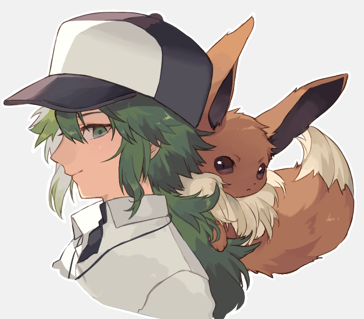 eevee ,n (pokemon) pokemon (creature) 1boy green hair hat male focus shirt baseball cap  illustration images