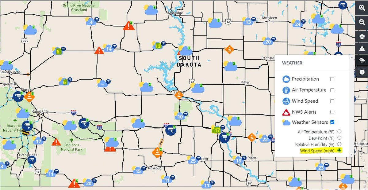 SouthDakotaDOT's tweet image. Tuesday Tip: The new SD511.org site looks a lot different &amp;amp; new sites can be hard to navigate. Click on the Weather icon then Weather Sensors - this brings up more cameras &amp;amp; the button items will display in the cloud icon if available (see image). 
#SDDOT511
