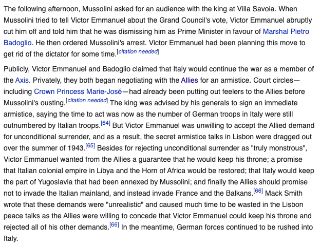 Again, power and megalomania. He acts, but his desperation to cling on to the delusions Mussolini showed him meant that Italy itself will be invaded.