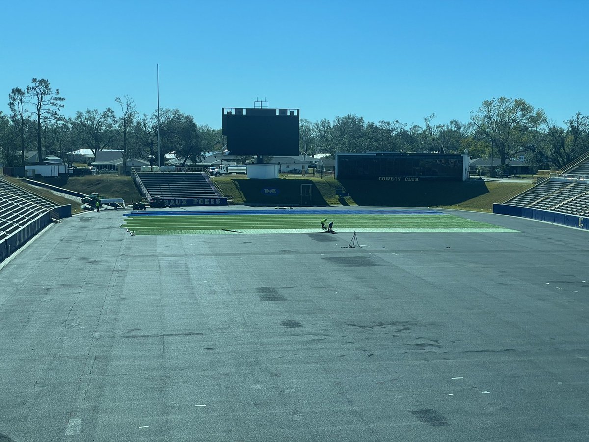 T_Stines's tweet photo. We have turf going down at @McNeeseFootball 🤠 #hurricanerecovery https://t.co/ubkWaDsDMQ