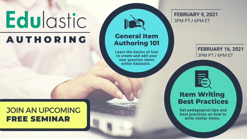 Edulastic's tweet photo. Our upcoming authoring seminars are great for anyone new to authoring questions or anyone who wants to brush up their skills.
Register now! https://t.co/lsjCvpn1Tb
#testwriting #education #digitalassessment https://t.co/BlZMTCXQ4t